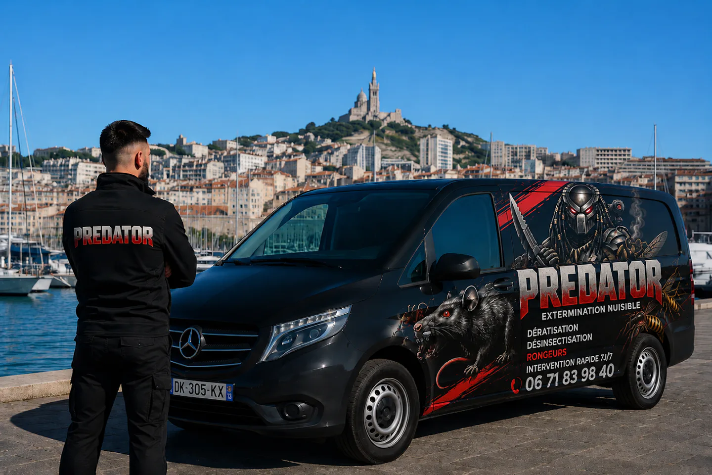Photographie d’un technicien PREDATOR près de son véhicule au Vieux-Port de Marseille